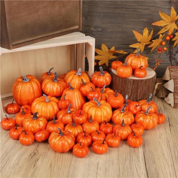 46 Pcs Assorted Size Artificial Pumpkins Fall Decorations, Orange Foam Pumpkin - Picture 2 of 8